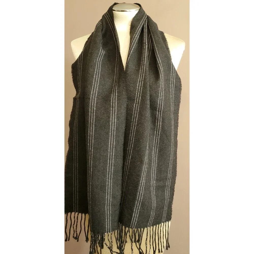 H & M Mens Opera Scarf Black Gray Heathered Pinstripe Fringe Wool 12x60